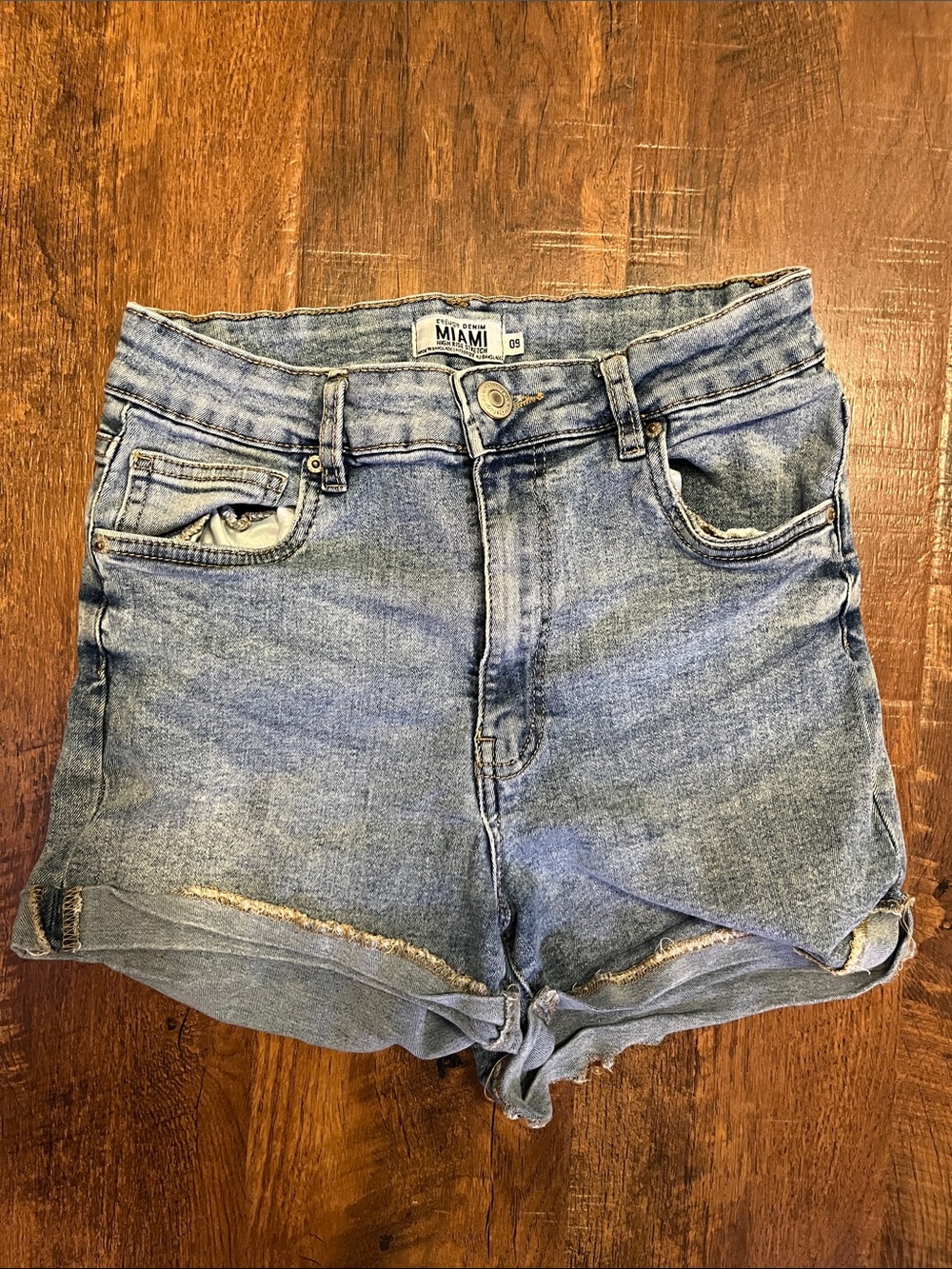 miami Faded Light Blue High-Rise Denim Stretch Shorts